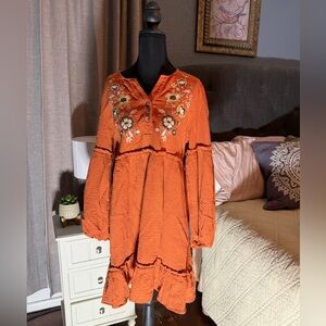 Jolt Medium Embroidered Burnt Sienna Colored Midi Dress ready for any occasion.